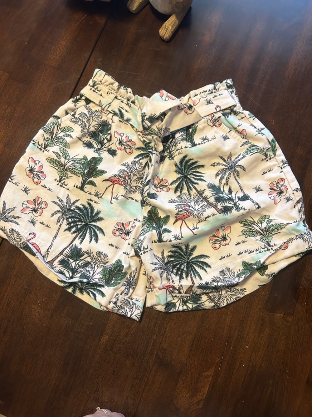 Tropical Print kids Shorts in Cream with Green Palm trees and pink flamingos